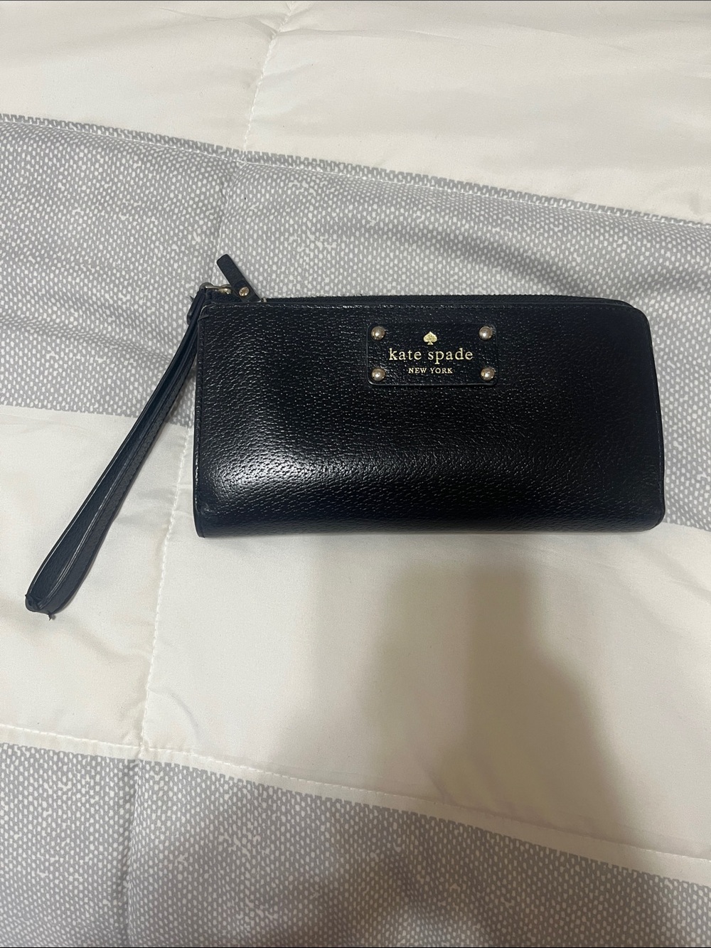 kate spade Black Leather Zip Wristlet with Gold Logo